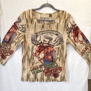 Bit & Bridle Size L Shirt Cowgirl Sparkle Art To Wear Top Bling Rodeo Concert